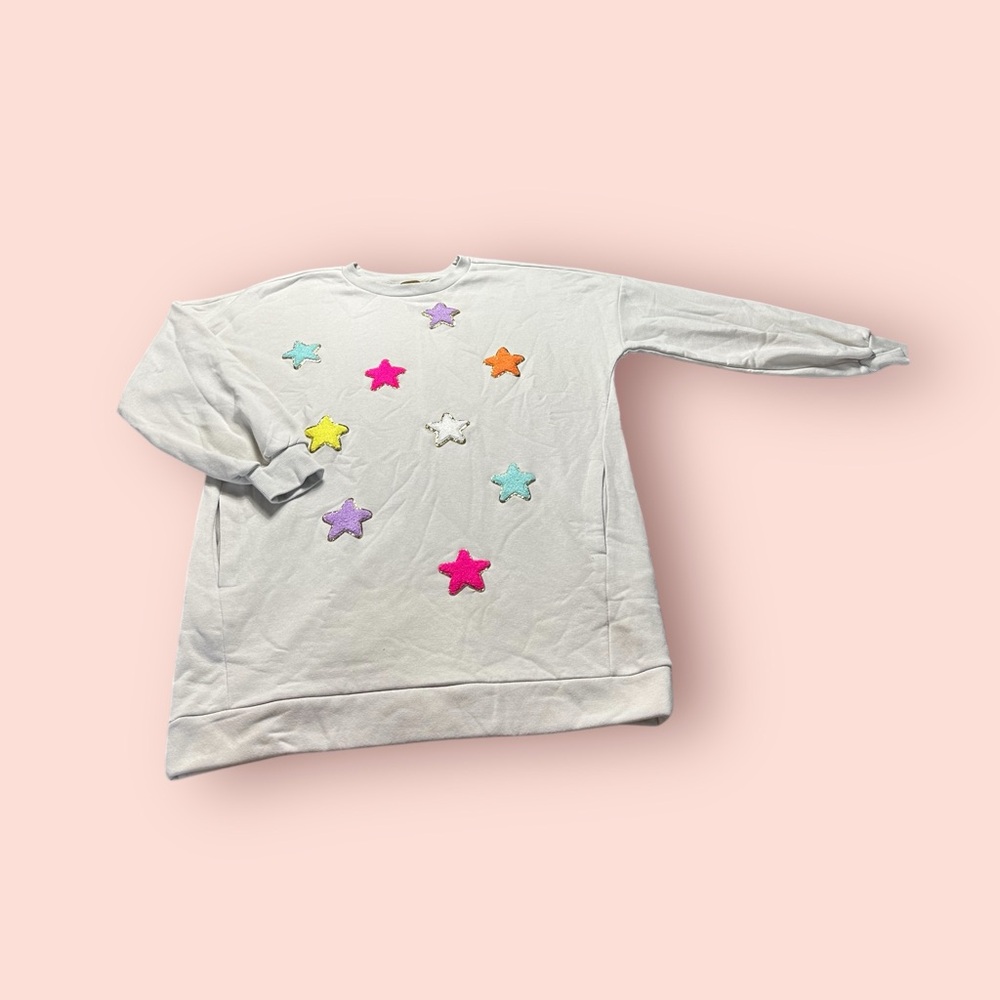 Women’s Judith March Cream All Over Multicolor Star Patch Sweatshirt Size Medium